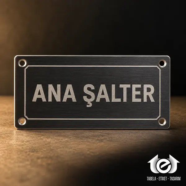 Asit İndirme Etiket – Stüdyo önden; koyu alüminyum ANA ŞALTER plakası