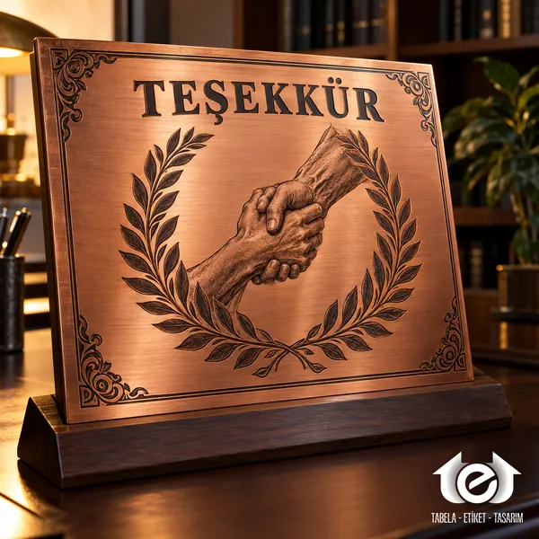 Asit İndirme Etiket – Teşekkür plaketi; oyuk yazı ve el sıkışma çizimi