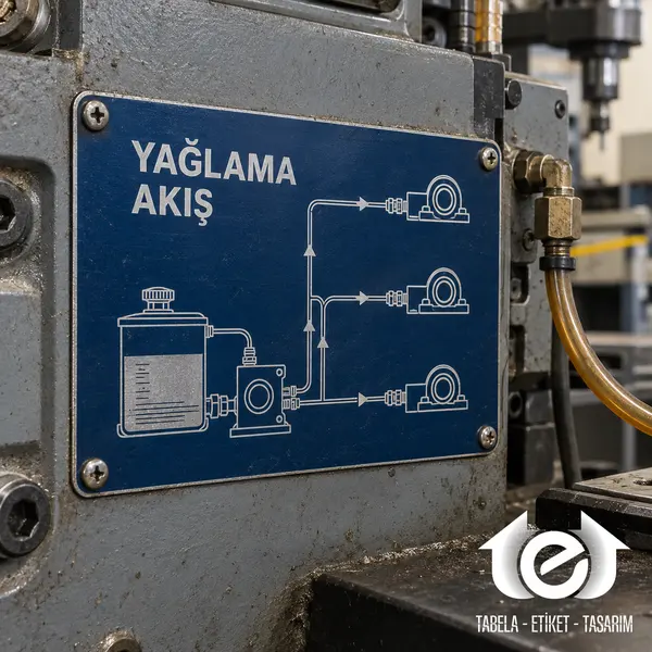 Eloksallı Alüminyum Lazer Kazıma Etiket – Freze makinesinde yağlama güzergâhını gösteren lacivert servis etiketi