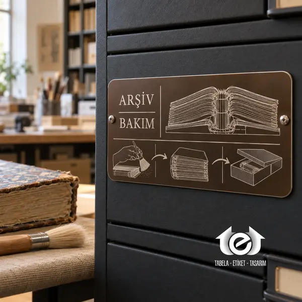 Eloksallı Alüminyum Lazer Kazıma Etiket – Arşiv dolabında kitap bakım aşamalarını gösteren bronz etiket