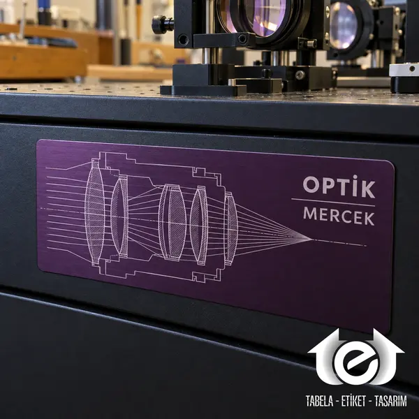 Eloksallı Alüminyum Lazer Kazıma Etiket – Optik laboratuvar dolabında mercek şemalı mor etiket