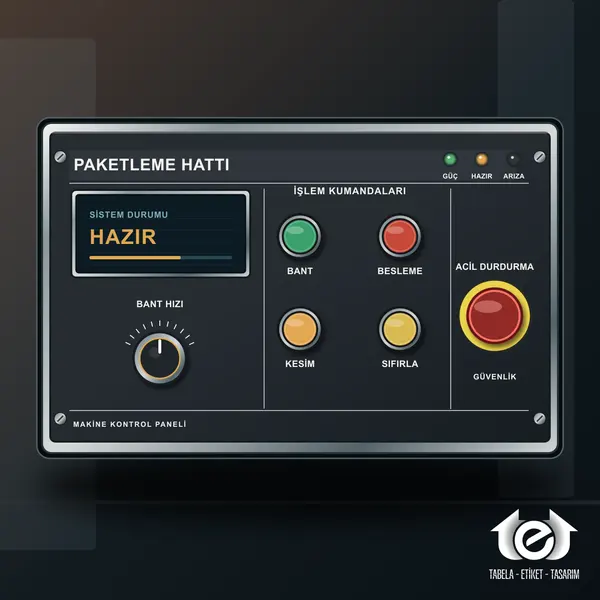 Makine Etiketi ve Panel Etiketi Üretimi – Paketleme hattı; bant hızı, besleme, kesim ve güvenlik kumandaları