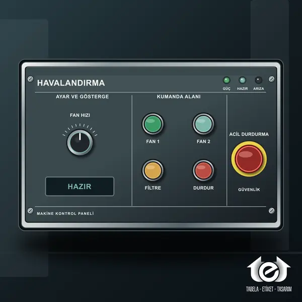 Makine Etiketi ve Panel Etiketi Üretimi – Havalandırma; fan hızı, çift fan ve filtre kumandaları