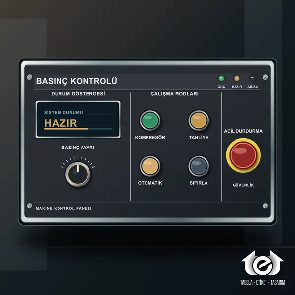 Makine Etiketi ve Panel Etiketi Üretimi – Basınç kontrolü; kompresör, tahliye ve otomatik mod