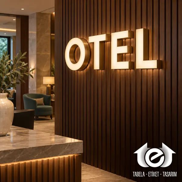 Pleksi Kutu Harf Tabela – OTEL lobisinde duvara tek tek bağlanmış iç mekân harfleri