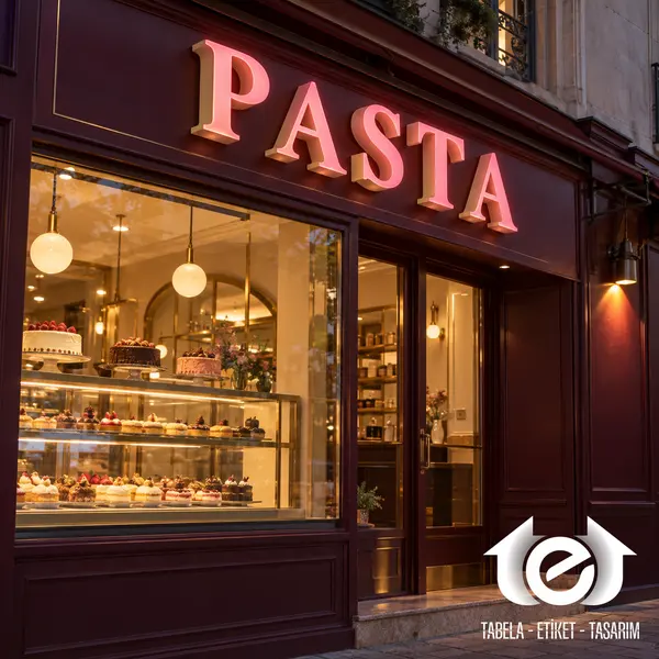 Pleksi Kutu Harf Tabela – PASTA butik vitrininin pembe pleksi kutu harf aydınlatması