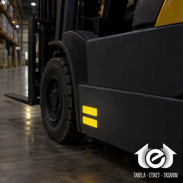 Reflektif Etiket Baskı ve Üretimi – Sanayi: depo forkliftinde küçük sarı reflektif etiketler