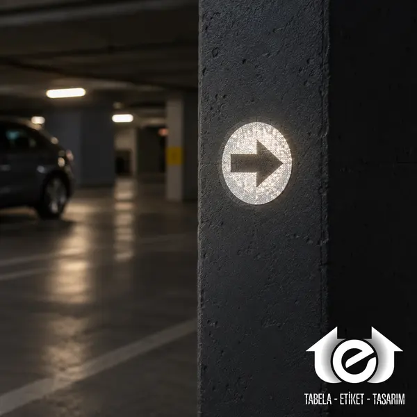 Reflektif Etiket Baskı ve Üretimi – Kurumsal: otopark kolonunda reflektif yön oku etiketi