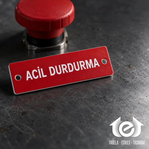 Rezopal Kazıma Etiket ve İsimlik – Kırmızı-beyaz ACİL DURDURMA plakasının önden görünümü