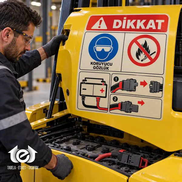 Serigrafi Metal Etiket – Forklift akü kapağında resimli güvenlik talimatı
