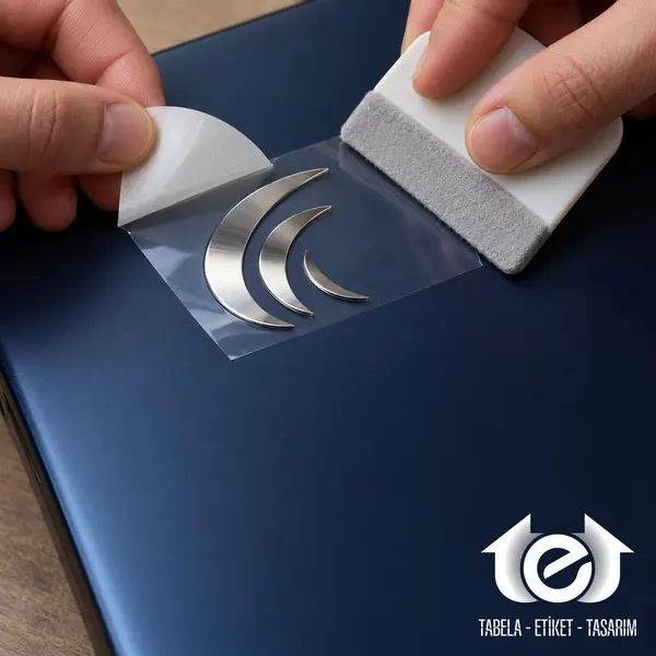 Slim Cut Etiket (Metal Cut, Nikel) – Lacivert cihaz yüzeyine metal parçaların transferle elle uygulanması