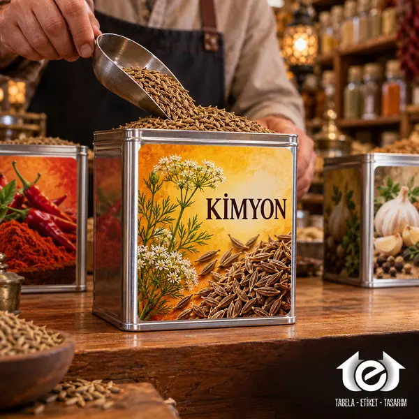 Sublimasyon Etiket (Metal, Alüminyum Plaka) – Baharat kutusunda kimyon fotoğrafı ve botanik çizim
