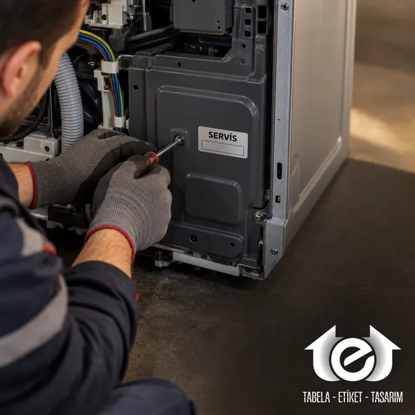 Tesa Etiket (Bantlı Etiket) Üretimi – Ev cihazı servis panelinde SERVİS etiketi