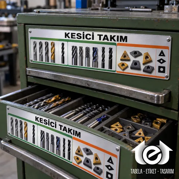 UV Metal Etiket (UV Baskılı, Renkli) – Takım atölyesi çekmecelerinde fotoğraf ve silüetli metal sınıflandırma etiketi
