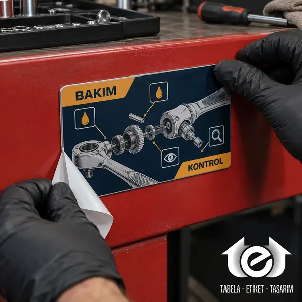 UV Metal Etiket (UV Baskılı, Renkli) – Teknisyenin bakım diyagramlı metal etiketi ekipman kutusuna uygulaması