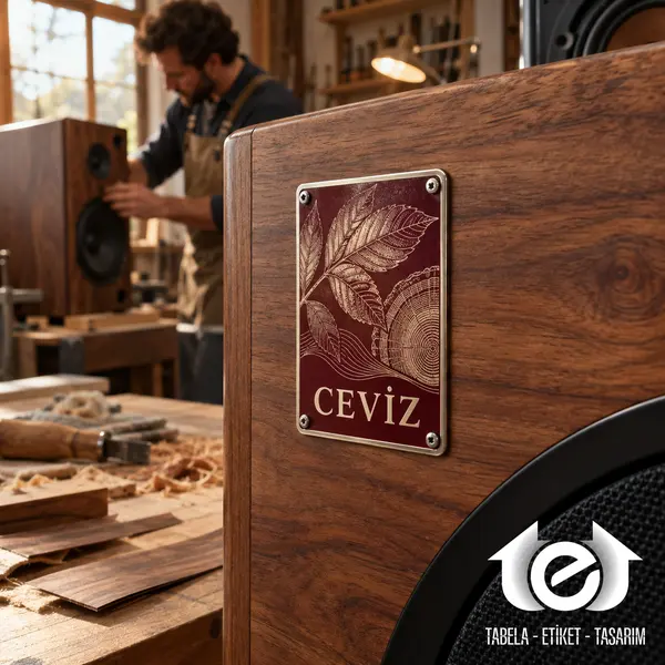 UV Metal Etiket (UV Baskılı, Renkli) – Ceviz kaplamalı hoparlörde çizimli malzeme kimlik plakası