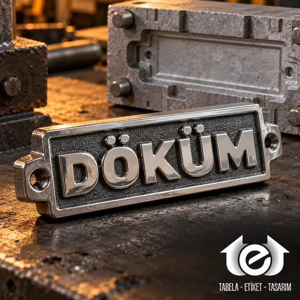 Zamak Döküm Etiket ve Amblem – Kalıp yanında DÖKÜM rozetinin kabartma ve kenar makrosu